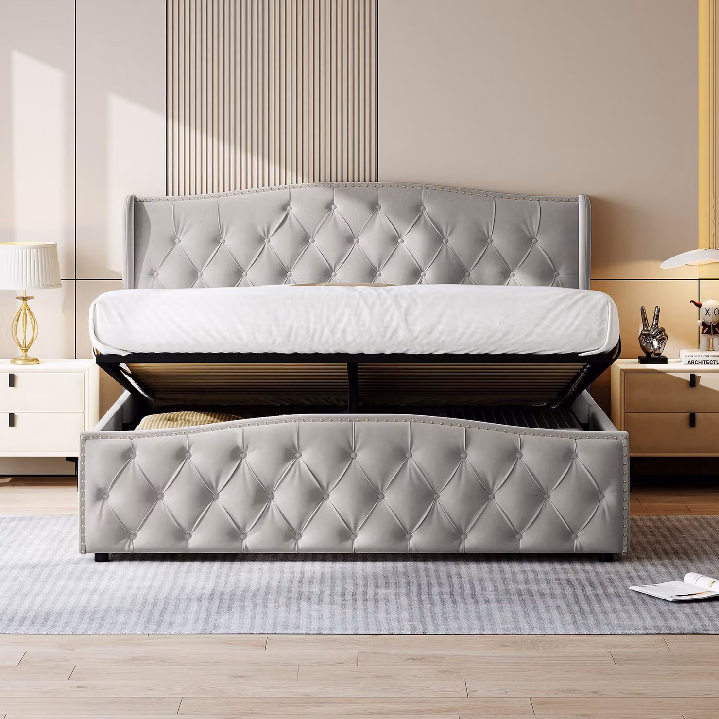Letto imbottito UnboxG, 140x190 cm, con contenitore, sistema di sollevamento idraulico, testiera e pediera imbottite con capitonnage a bottoni, rete a doghe in metallo e legno, tessuto in velluto, colore grigio
