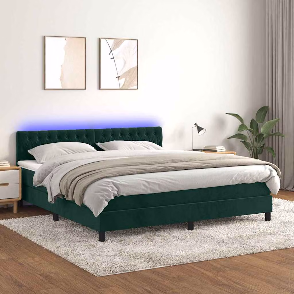 Letto a Molle con Materasso e LED vidaXL in Velluto Verde Scuro L/P/H: 160 x 200 x 88 cm – 1