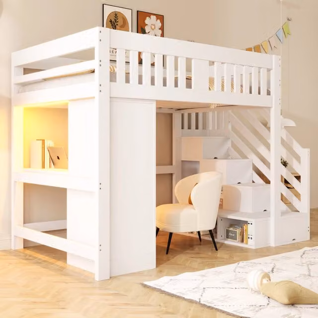 Letto a soppalco 140x200 cm con scala contenitore; scrivania; LED; armadio e panca in legno bianco