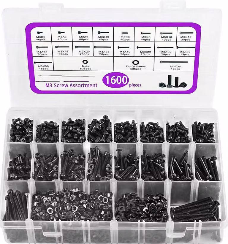 Assortimento di bulloni M3 grande, 1600 pezzi (nero)