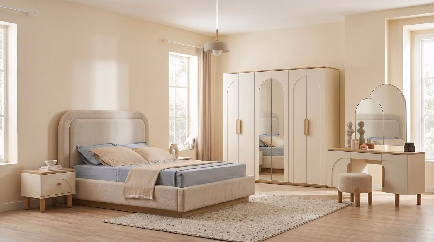 Set per camera da letto: letto beige, comodini, armadio, specchio