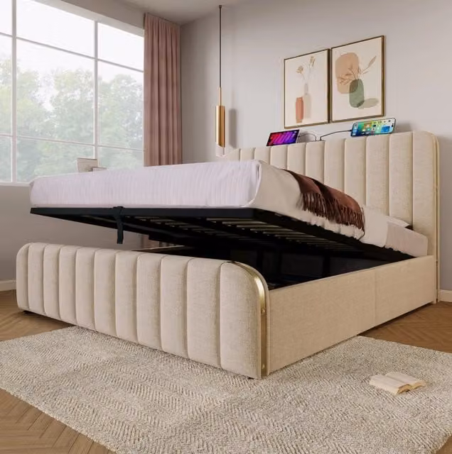 Letto matrimoniale contenitore ULEVR 180x200 cm con USB e Type-C, testiera imbottita in lino beige