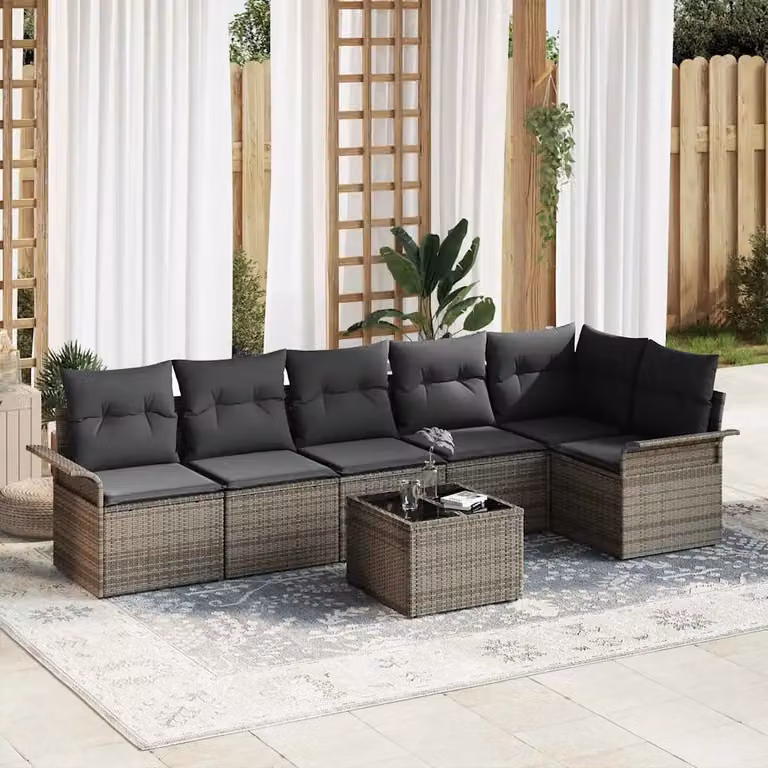 Set Divano da Giardino a L vidaXL in Polyrattan Grigio con Cuscini e Tavolino da 7 Pezzi