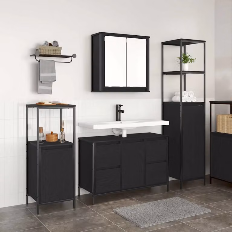 Set di mobili per il bagno moderno vidaXL in 3 pezzi, colore nero opaco, L/P/H: 36 x 35 x 165 cm