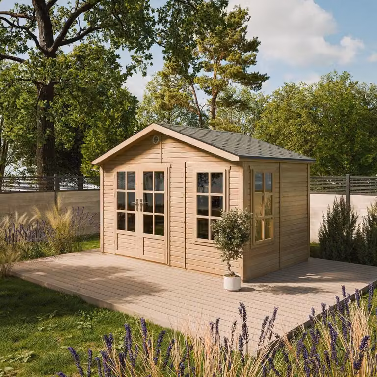 TIMBELA M735 Casetta da Giardino in Legno 370 x 360 cm, Capanno da Giardino con 3 Finestre in Vetro Temperato, Porta Vetrata, Tetto con Tegole Bituminose, Senza Pavimento