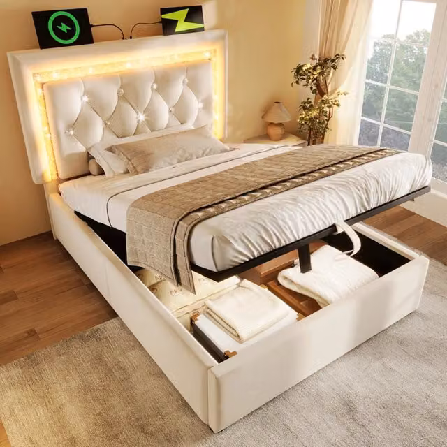 Letto singolo imbottito 90x200 cm in velluto beige con LED; USB; contenitore e materasso