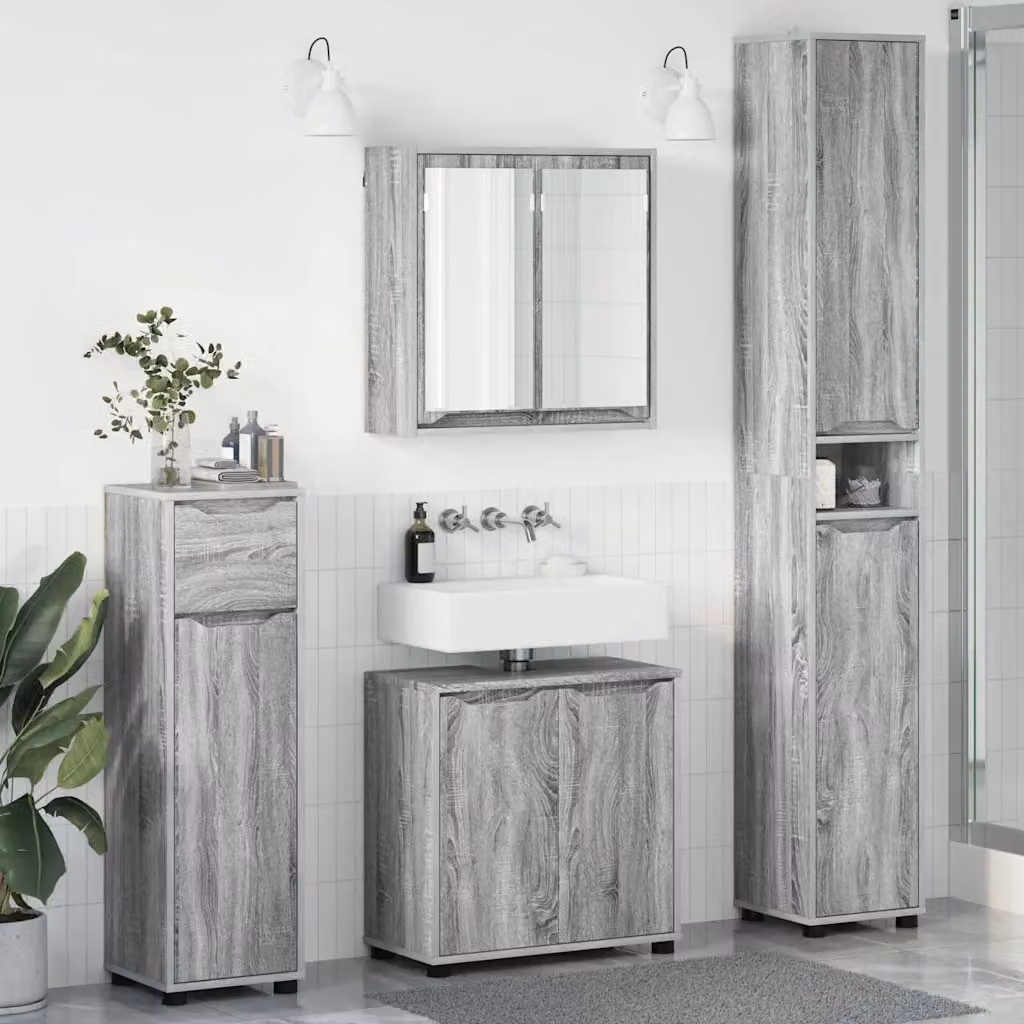 Set di mobili per il bagno moderno vidaXL in 4 pezzi Grigio con mobile lavabo, armadietto a specchio e pensile