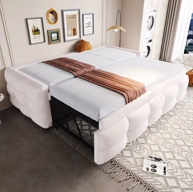 Letto Estraibile in Tessuto Teddy Samt 90/180x190 cm Beige con Rete a Doghe, Letto Singolo e Matrimoniale Senza Materasso