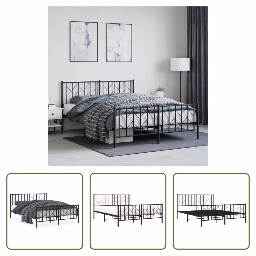 The Living Store Struttura letto con testiera e pediera in metallo nero 150x200 cm