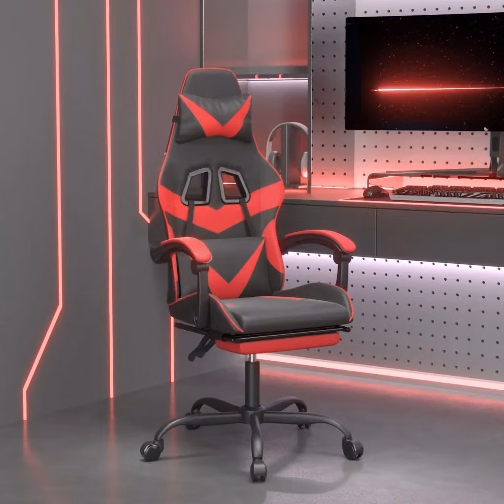 Sedia da Gaming Sportiva in Similpelle con Poggiapiedi e Poggiatesta, Nero e Rosso – 2