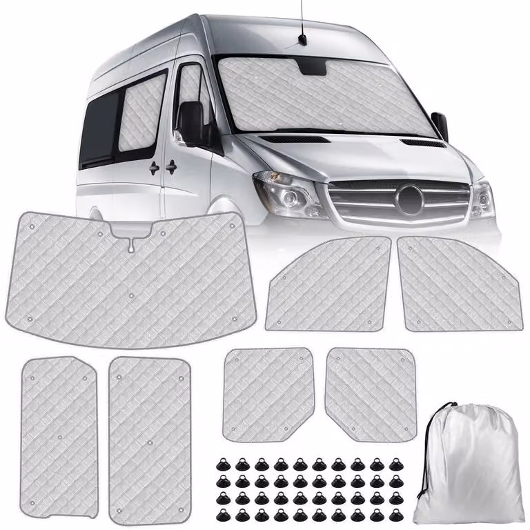 Parasole per parabrezza, composto da 7 pezzi, per Mercedes Sprinter dal 2019 al 2024. Tappetino termico in alluminio, pieghevole