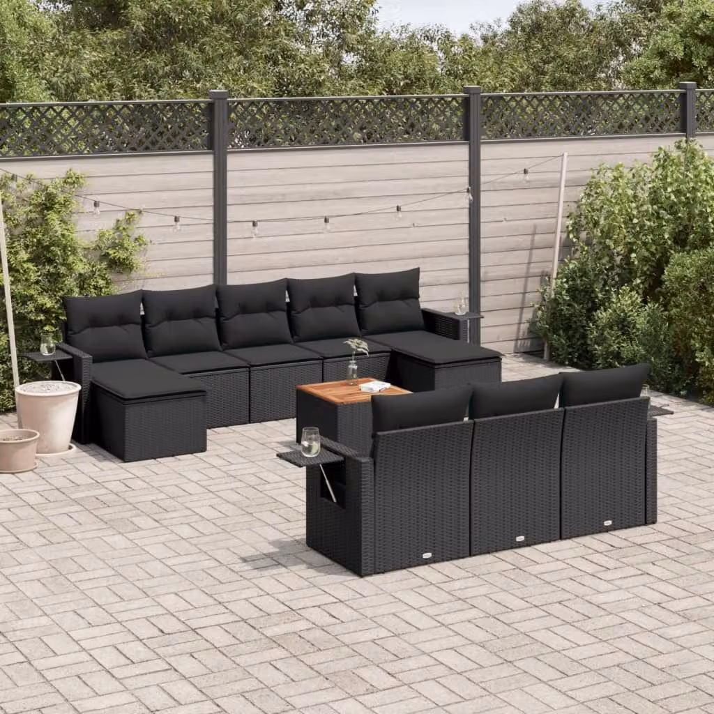 vidaXL Set Divani da Giardino 11 pz in Polyrattan Nero con Cuscini e Tavolino da Esterno – 1