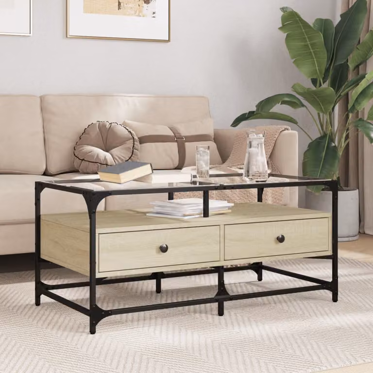 Tavolino da soggiorno vidaXL con piano in vetro e struttura in legno rovere e metallo, L: 98,5 cm, P: 50 cm, H: 45 cm