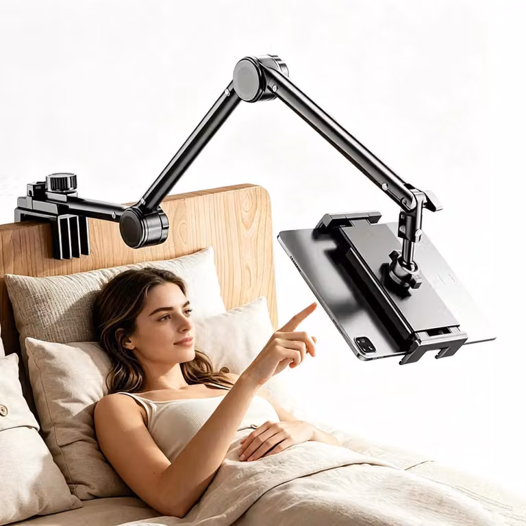 Supporto per tablet e smartphone, con braccio girevole multi-regolabile Acciaio al carbonio, regolabile in altezza e montaggio senza l'uso di attrezzi, ideale per letto e scrivania