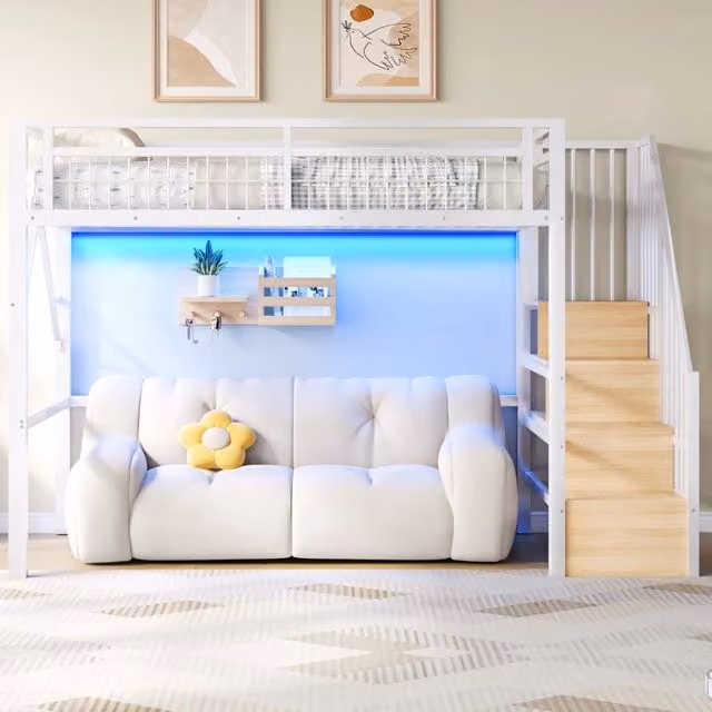 Letto a soppalco 90x200 cm con struttura in ferro, LED integrati e scale con vano contenitore, bianco, senza materasso
