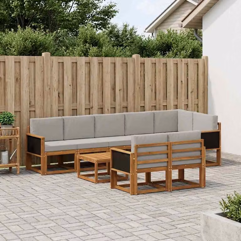 vidaXL Set di divani da esterno a forma di U in legno di acacia con cuscini, 9 pezzi, Beige, Grigio e Marrone