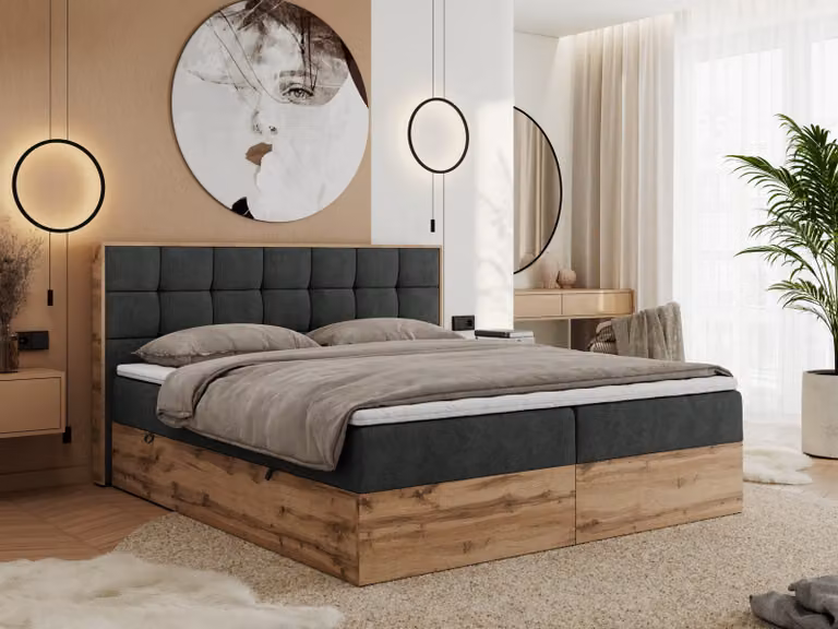 Letto boxspring MKS MEBLE 180x200 con contenitore in rovere, letto imbottito 180x200 con materasso H3, letto 180x200 con testiera, rovere Wotan - 180x200 - Grigio scuro strutturato - Albero-1