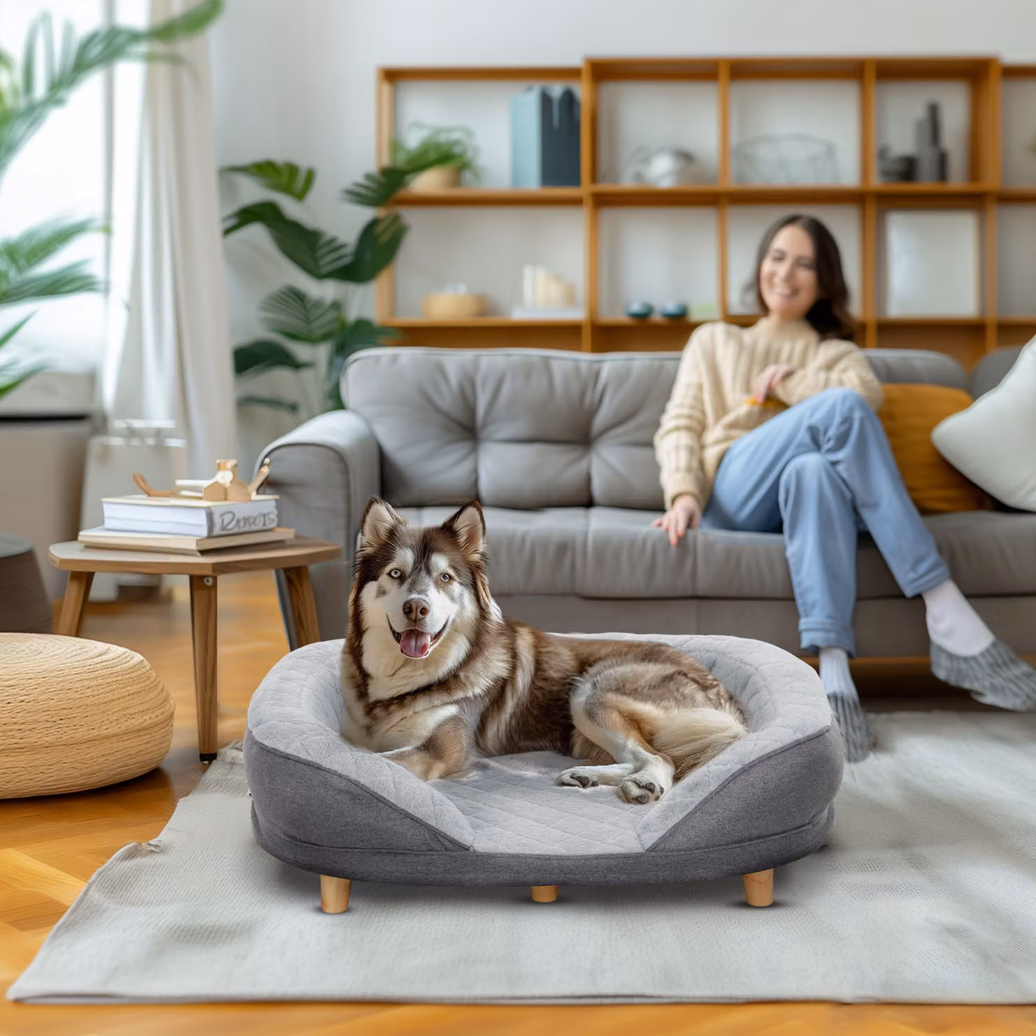 Cuccia Divano PawHut per Cani di Taglia Media e Grande fino a 25kg, Lettino Imbottito con Rivestimento Rimovibile, L 90 x P 78 x H 25 cm, Grigio – 2