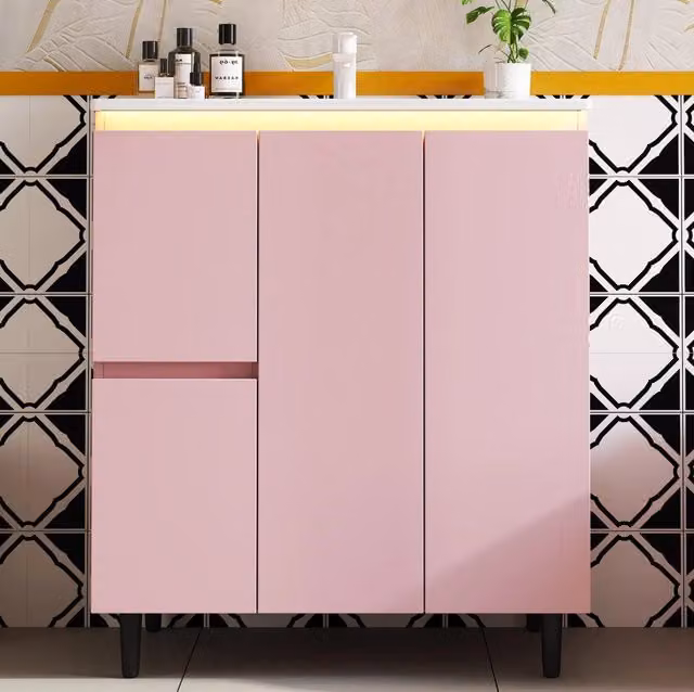 Mobile bagno rosa 76x47x89 cm in MDF con lavabo integrato in ceramica e luce LED a sensore radar