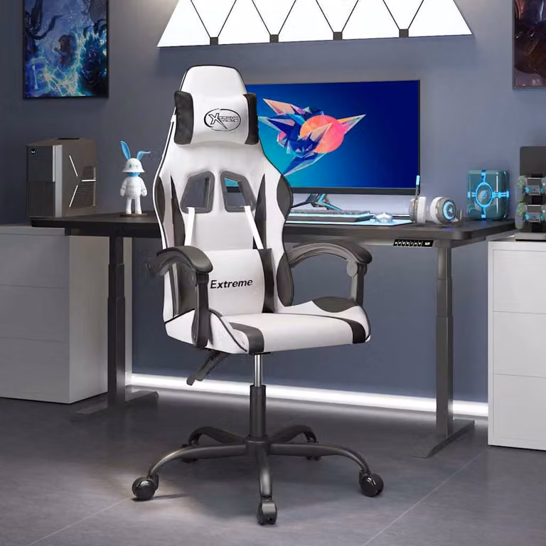 Sedia da Gaming Girevole vidaXL in Similpelle Bianco e Nero con Poggiatesta e Braccioli
