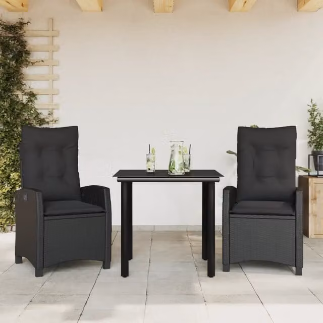 Set da Pranzo da Giardino 3 pz con Cuscini Nero in Polyrattan 3212752