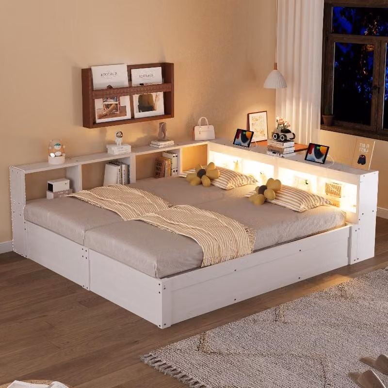 Letto contenitore divano letto 90/180 x 200 cm, bianco, con struttura in legno, dotato di luce a LED e presa di corrente, ideale per la camera da letto