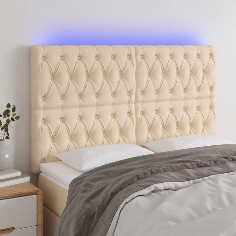 Testiera con LED e porta USB vidaXL in tessuto beige, L: 160 cm, P: 7 cm, H: 118-128 cm