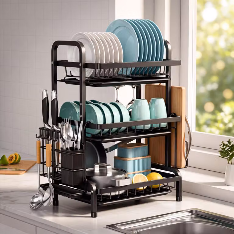 Scaffale essiccatore nero a 3 livelli, asciuga stoviglie da cucina con vaschetta di raccolta e supporto per utensili