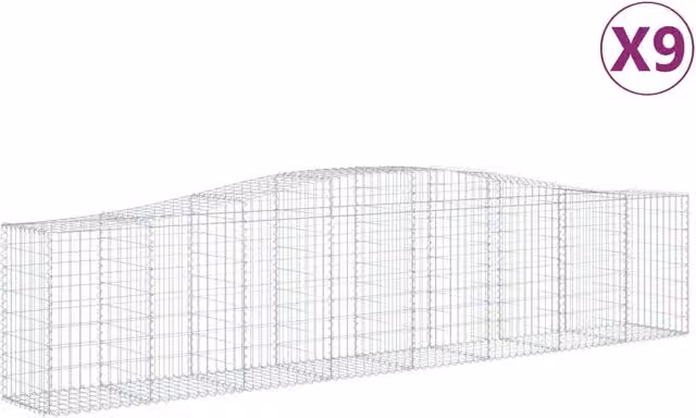 Set di 9 gabbioni ad arco in ferro zincato argento per recinzione o muro di contenimento L: 400 cm, P: 50 cm, H: 80/100 cm