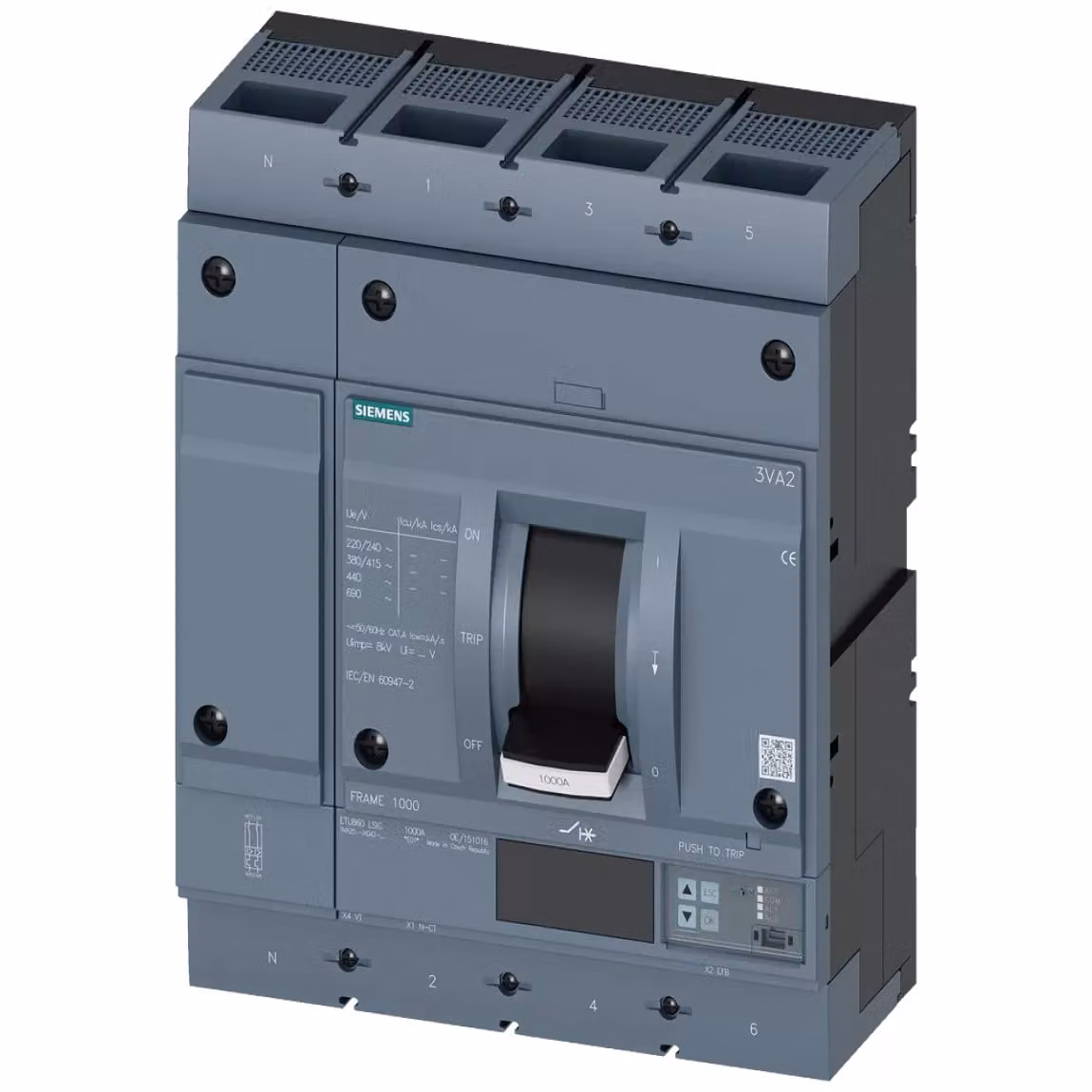 Interruttore di potenza Siemens 3VA2, telaio IEC 1000, classe di capacità di interruzione H, Icu=85 kA a 415 V, 3VA25106KQ420AA0