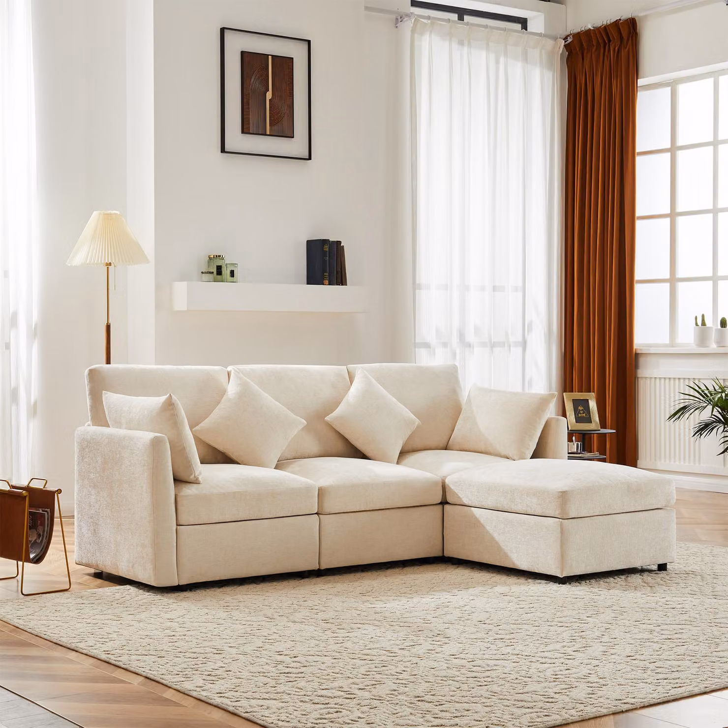 Divano angolare Merax, divano a L con funzione letto, divano 3-4 posti Soffa con 4 cuscini, divano da salotto, set di divani, tessuto ciniglia, beige
