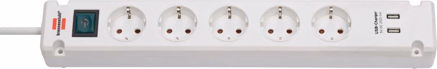 brennenstuhl® 1150660325 Presa di corrente silenziosa Bremounta - 5 vie + 2x USB, 3 m, bianco, con interruttore