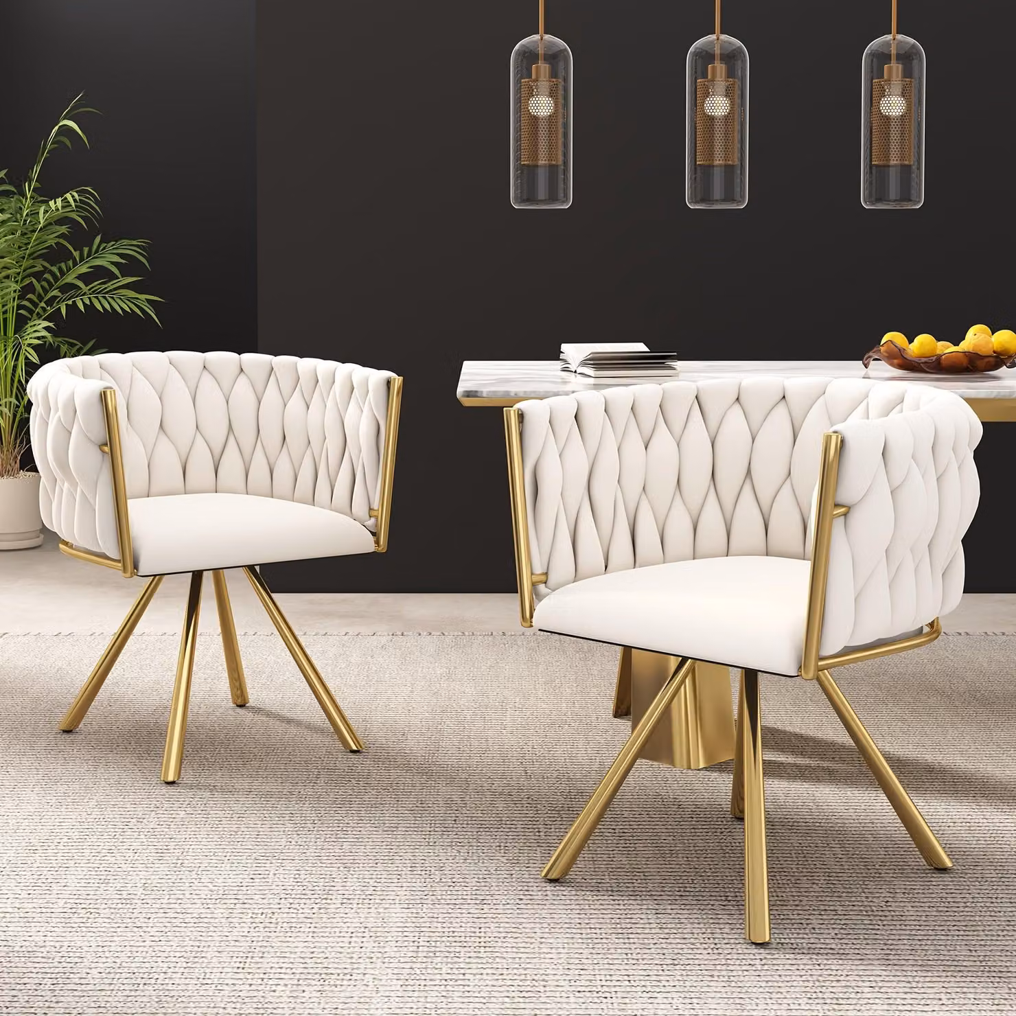 Set di 2 eleganti sedie girevoli da pranzo, dal design moderno, nei colori beige e oro