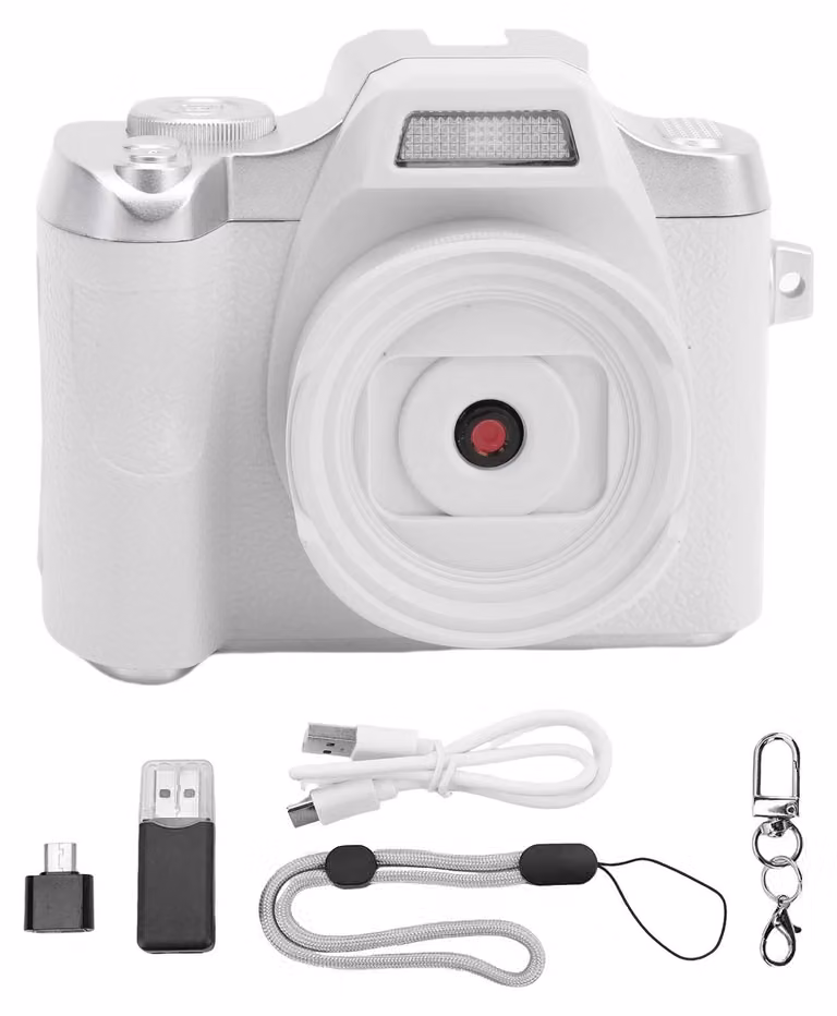 Fotocamera digitale per adolescenti e studenti, 48 MP, autofocus HD, portachiavi in stile retrò con schermo TFT da 1,54 pollici, fotografia, bianco