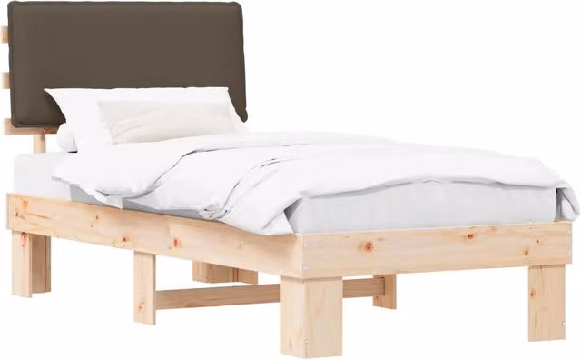Letto singolo per adulti con testiera rivestita in tessuto beige e struttura in pino massello L/P/H: 90 x 200 cm – 1