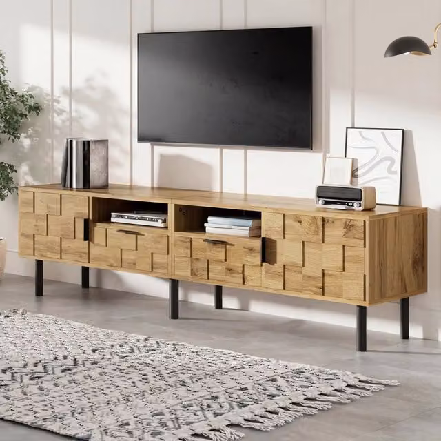 Mobile TV Minimal moderno in truciolato e metallo con 2 ante e 2 cassetti, colore nero e marrone, L: 160,0 cm, P: 42,5 cm, H: 35,0 cm