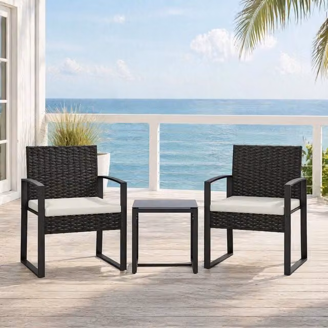 Set salotto da giardino con 2 poltrone e tavolino, cuscini sfoderabili, rattan sintetico e acciaio crema grigio