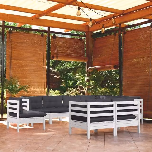Set Divani da Giardino 9 pz con Cuscini Bianchi Legno di Pino 3096768