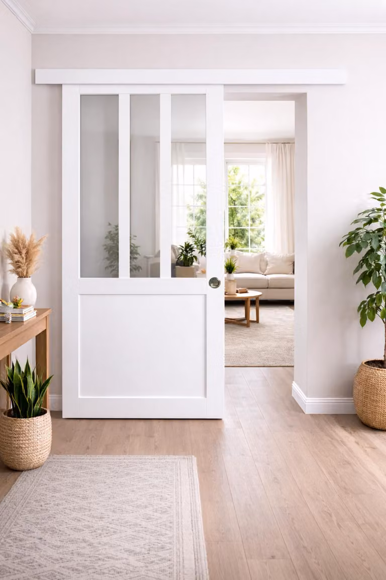 Porta scorrevole da officina bianca H204 x L73 cm, binario in alluminio bianco, conchiglie GD MENUISERIES