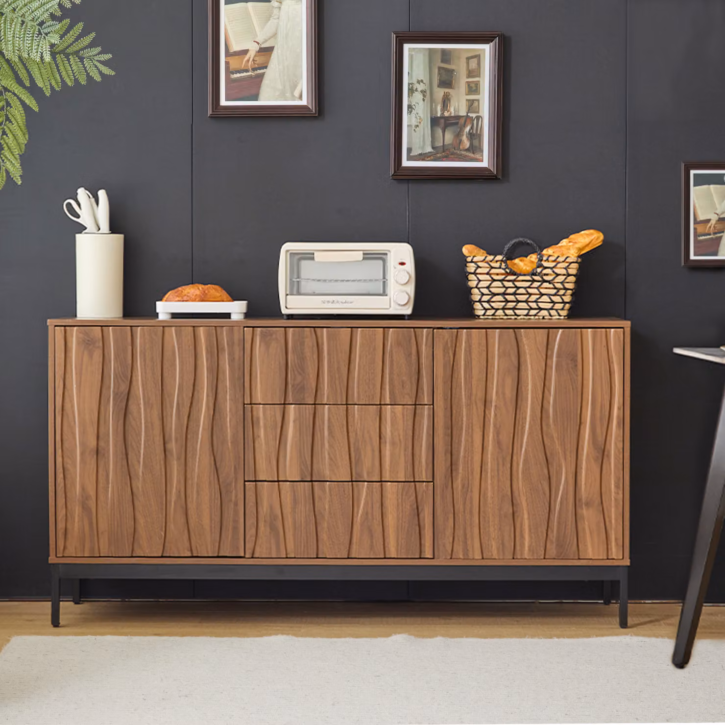 Credenza 150cm in rovere scuro, 3 cassetti, credenza grande, mobile da cucina, nicchia monoblocco, mobile decorativo Mid Century Modern