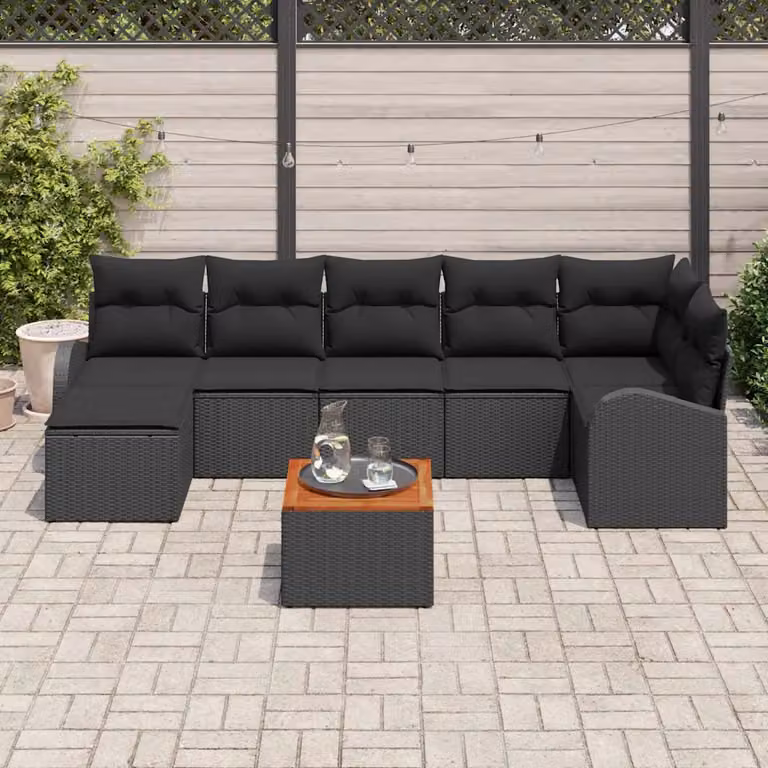 Set Divano da Giardino a L vidaXL 8 pz Nero con Cuscini e Tavolino in Polyrattan e Acciaio