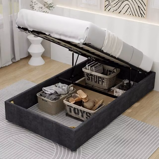 Letto singolo OKWISH moderno con base a sollevamento, struttura in tessuto e metallo, grigio, L/P: 90 x 200 cm