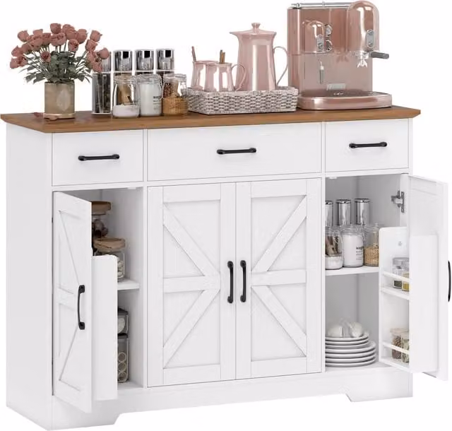 Mobile Cucina Credenza Rustico Bianco, Ante Soft-Close, 3 Cassetti, 3 Ripiani Regolabili, Portaspezie, Pratico e Salvaspazio per Casa