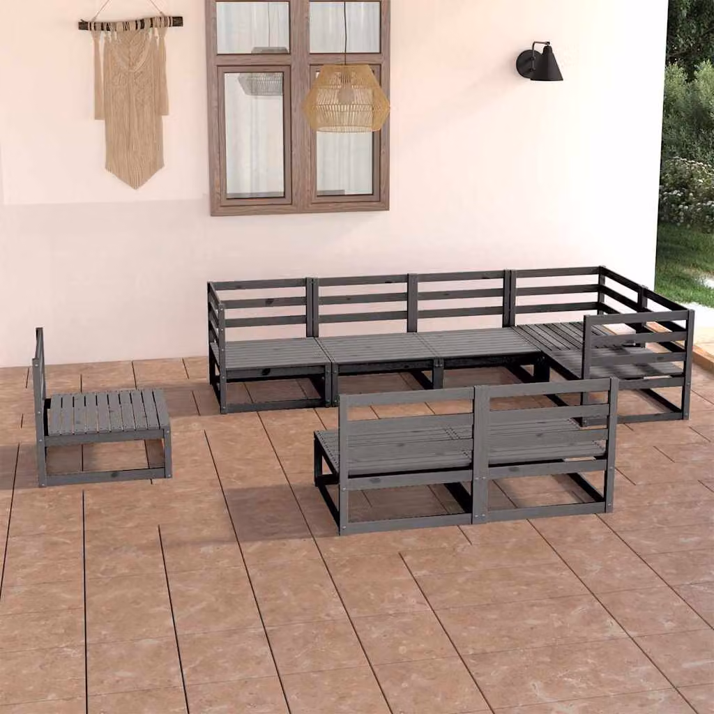 vidaXL Set Divani da Giardino 8 pz a Forma a L in Legno di Pino con Cuscini Grigio