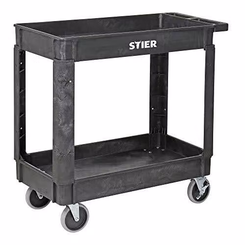 Carrello multiuso STIER in plastica con 2 ripiani e 4 ruote sterzanti, portata 250 kg, dimensioni: 870 x 430 x 850 mm, carrello di montaggio, carrello portautensili, colore grigio