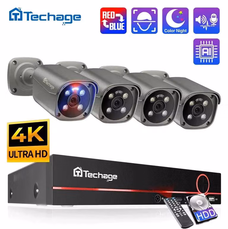 Kit di telecamere di sicurezza 4K Ultra HD da 8 megapixel con rilevamento facciale tramite intelligenza artificiale e telecamere per uso esterno, ideali per la sicurezza domestica