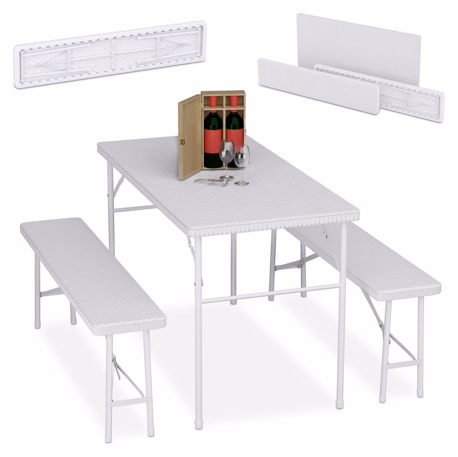 Set da birreria pieghevole Relaxdays, set da 3 pezzi con panca da birreria e tavolo grande, da giardino, set da tendone, effetto rattan, bianco