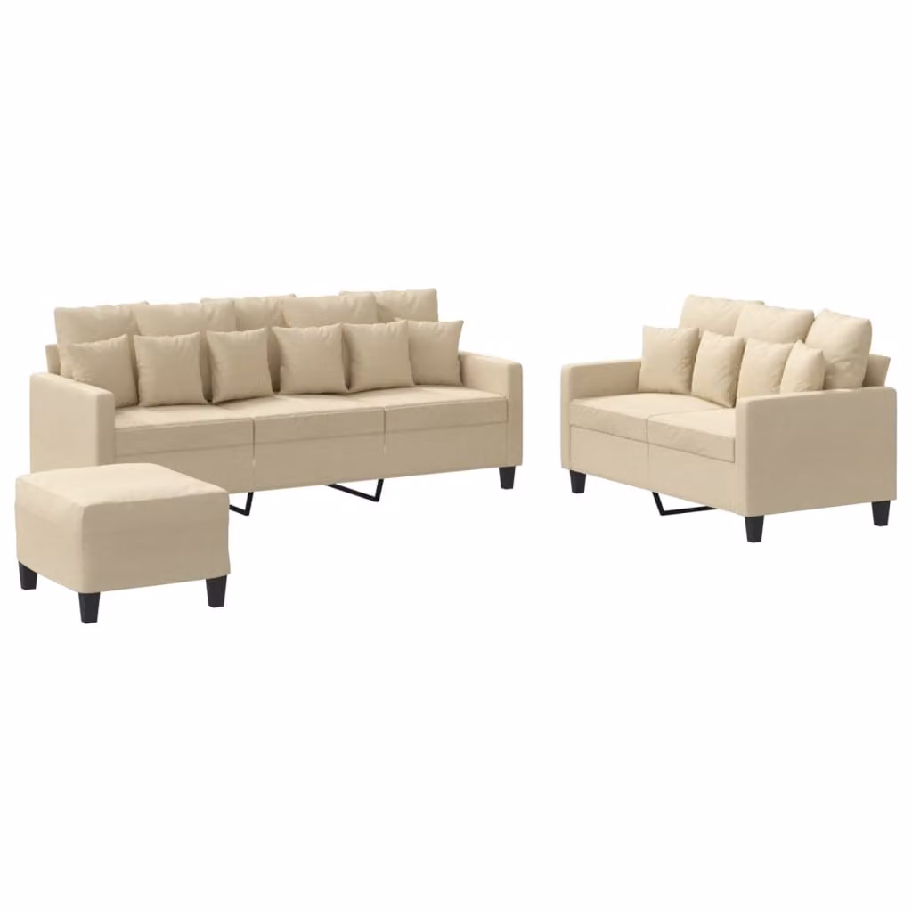 Set di Divani 3 pz con Cuscini Crema in Tessuto
