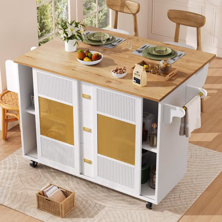 okwish: Mobiletto da cucina su ruote, isola da cucina con portasciugamani e ripiano per spezie, mobiletto buffet con ripiani regolabili, colore bianco