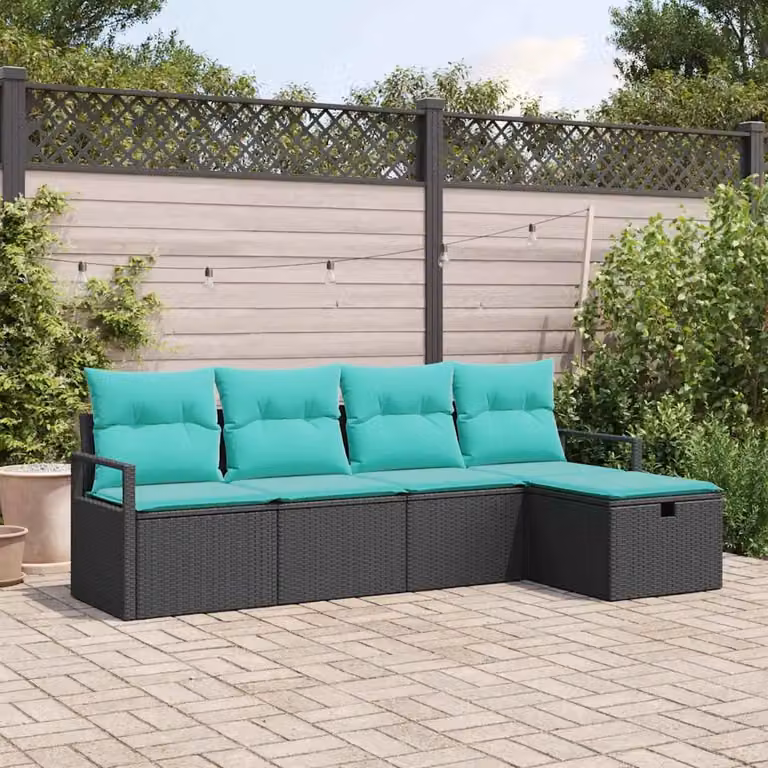 Set di divani da giardino vidaXL a 5 posti in polyrattan nero e turchese con struttura in metallo e cuscini inclusi